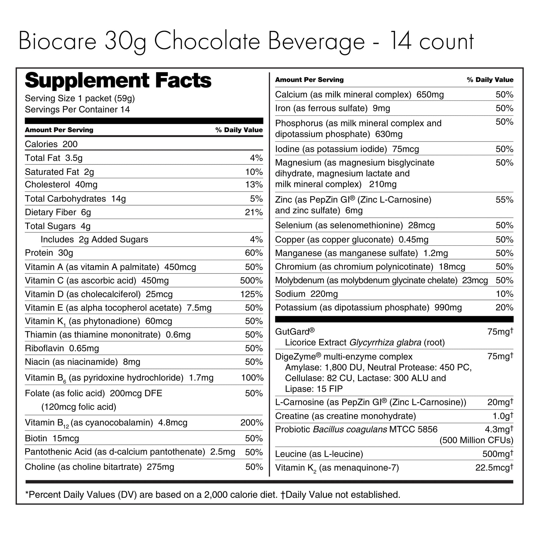 30G Protein Chocolate Biocare Dietary Beverage (14-Servings)